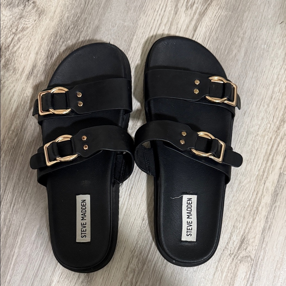 Steve Madden Black Sandals with Gold Buckles